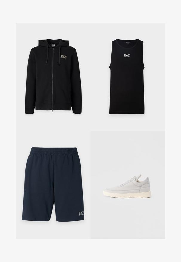 Čierna mikina s kapucňou a celým zipsom, s nastaviteľnými šnúrkami a malým obdĺžnikovým logom EA7 Emporio Armani na ľavej strane hrude.; Čierny bezrukávový top s okrúhlym výstrihom. Na hrudi je umiestnené biele logo EA7 Emporio Armani. Vyrobené z hladkej tkaniny.; Námornícke modré šortky s elastickým pásom vyrobené z mäkkého materiálu, s bočnými vreckami a malým bielym logom EA7 na dolnej ľavej nohe.; Svetlosivá kožená teniska s textúrovanými stranami, šnurovacími prednými časťami a krémovou gumovou podrážkou. Má hladký špičkový diel a minimálne dizajnové prvky.