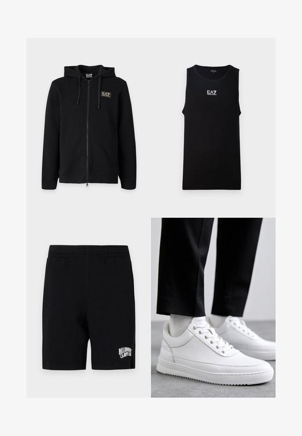 Schwarzer Kapuzenpullover mit durchgehendem Reißverschluss und Kordeln sowie einem kleinen rechteckigen EA7 Emporio Armani Logo auf der linken Brust.; Schwarzes ärmelloses Tanktop mit rundem Halsausschnitt. Besitzt ein weißes EA7 Emporio Armani-Logo auf der Brust. Hergestellt aus glattem Stoff.; Schwarze Shorts aus weichem Baumwollmix mit einem elastischen Bund, versehen mit einem weißen Logo auf dem linken Bein und Seitentaschen.; Weiße Leder-Sneaker mit flacher Gummisohle, ausgestattet mit einer glatten Oberfläche, runder Zehenpartie und Metallösen für die Schnürsenkel. Getragen mit schwarzen Hosen.