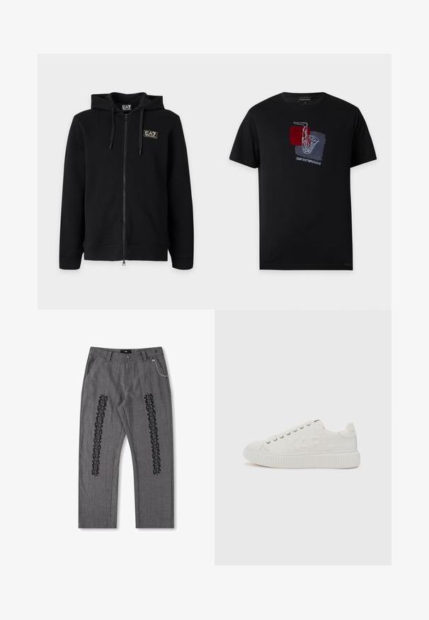 Sweat à capuche noir zippé intégral avec cordons et petit logo rectangulaire EA7 Emporio Armani sur la poitrine gauche.; T-shirt noir à manches courtes avec un croquis blanc de saxophone sur des carrés rouges et bleus et le logo Emporio Armani sous le motif.; Pantalons à carreaux gris avec des détails en texte noir sur les côtés, présentant un accent de chaîne sur la taille. Conception à jambe droite, tissu texturé.; Sneaker blanche avec une semelle en caoutchouc texturée et le logo "KARL" embossé sur le côté. Présente des lacets ronds et un matériau supérieur lisse.