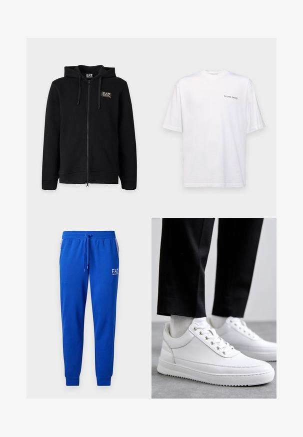 Must kapuutsiga lukuga dressipluus paeltega ja vasakul rinnal väikese ristkülikukujulise EA7 Emporio Armani logoga.; Valge lühikeste varrukatega T-särk puuvillast, V-kaelusega, millel on must "FILLING PIECES" logo trükitud vasakule poole.; PeNAVAL sinised dressipüksid, mis on valmistatud pehmest kangast, elastse vöökoha ja kummipaelaga. Omab logot jalal ja triibulisi küljetaskuid.; Valged nahast tennisetossud, millel on lame kummist tallapool, sile viimistlus, ümar varvas ja metallist silmadega paelte jaoks. Kantud mustade pükstega.