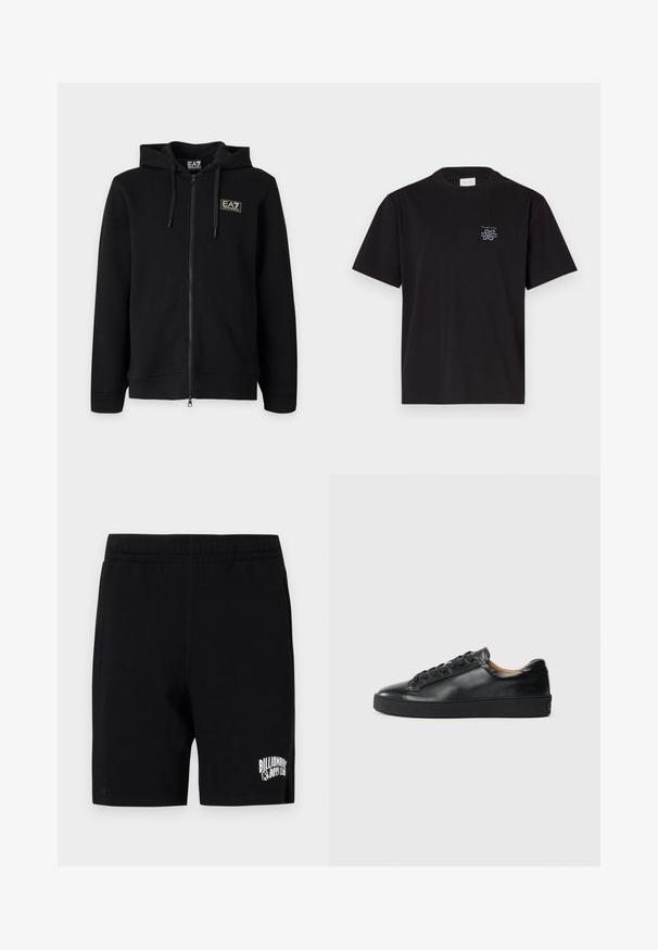 Čierna mikina s kapucňou a celým zipsom, s nastaviteľnými šnúrkami a malým obdĺžnikovým logom EA7 Emporio Armani na ľavej strane hrude.; Čierne bavlnené tričko s okrúhlym výstrihom a krátkymi rukávmi. Obsahuje malú modrú nášivku na ľavej hrudi. Jednoduchý, rovný strih.; Čierne šortky vyrobené z jemnej bavlnenej zmesi s elastickým pásom, s bielym logom na ľavom stehne a bočnými vreckami.; Čierne kožené tenisky s hladkým povrchom, okrúhlou špičkou a šnúrkami. Majú hrubú gumenú podrážku a minimálne značkové detaily.