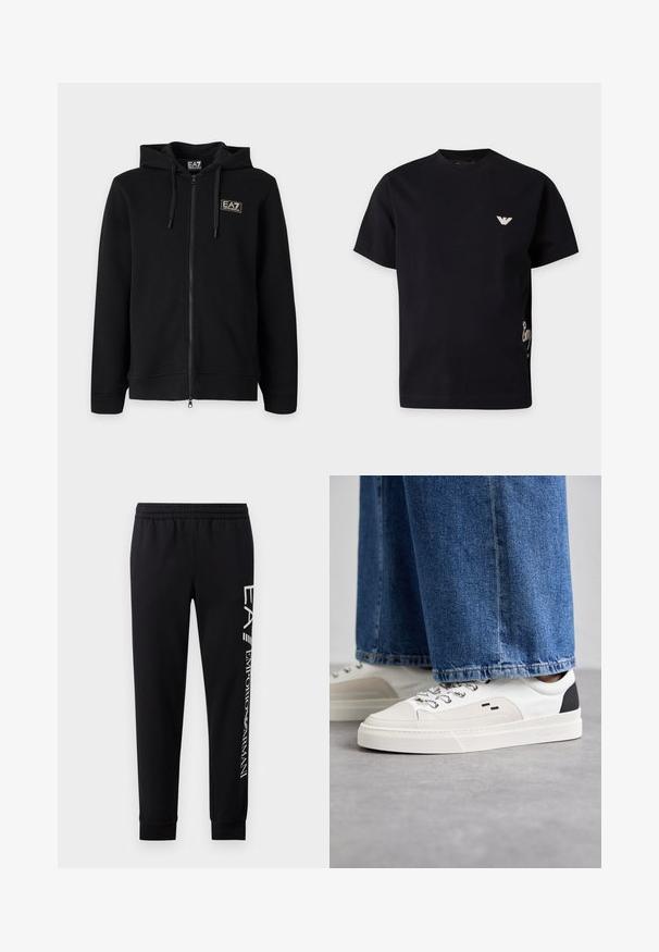 Zwarte hoodie met volledige ritssluiting en trekkoorden, met een klein rechthoekig EA7 Emporio Armani-logo op de linkerborst.; Zwart T-shirt met korte mouwen met een klein wit logo op de linkerborst en gedeeltelijke witte tekstdetails aan de rechterzijde.; Zwarte sweatpants van een katoenmix, met een elastische tailleband, taps toelopende benen, ribgebreide boorden en een wit logo-opdruk langs de zijkant.; Witte en zwarte sneakers met een glad leren bovenwerk, textuuraccenten en een chunky witte zool. Heeft een klassiek vetersluiting ontwerp.
