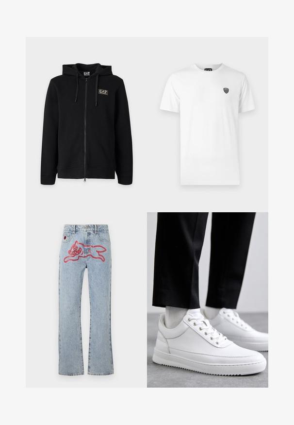 Sort hættetrøje med fuld lynlås med snore og et lille rektangulært EA7 Emporio Armani-logo på venstre bryst.; Hvid bomuld t-shirt med korte ærmer, der har et lille sort logo på venstre brystområde. Klassisk crew neck design.; Lyseblå denimjeans med lige ben, med et stort rød, tegneserieagtigt kattegrafik på bagsiden og traditionel fem-lomme styling.; Hvide lædersneakers med en flad gummisål, der har en glat overflade, rund tå og metaløjer til snørebånd. Bæret med sorte bukser.