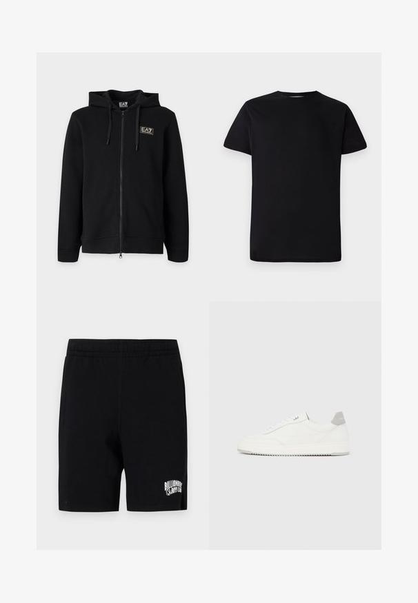 Must kapuutsiga lukuga dressipluus paeltega ja vasakul rinnal väikese ristkülikukujulise EA7 Emporio Armani logoga.; Les Benjamins SHORT SLEEVE TEE - Lihtne T-särk - black; Mustad mustriga pehmetest puuvillasegudest lühikesed püksid elastse taljega, millel on vasakul jalal valge logo ja küljetaskud.; Valge madala lõikega tennisking halli kandklambri, valgete paelte ja tekstuuriga tallaga, esitletud ühtlasel heledal taustal.