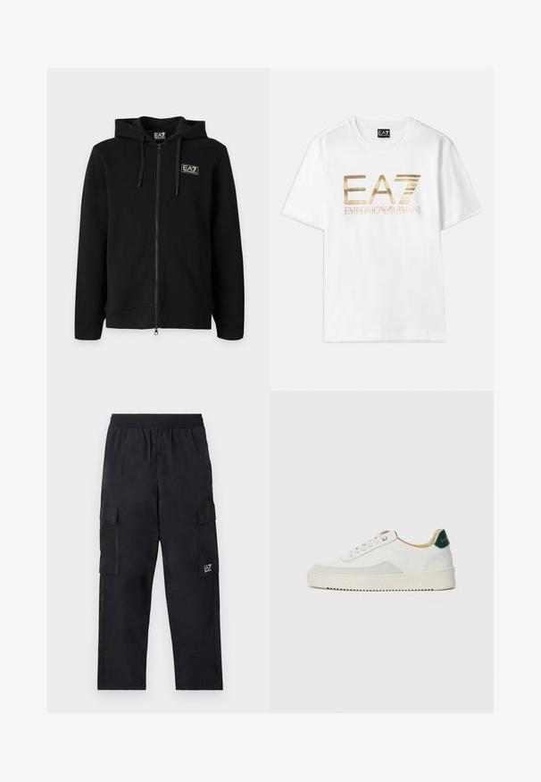 Zwarte hoodie met volledige ritssluiting en trekkoorden, met een klein rechthoekig EA7 Emporio Armani-logo op de linkerborst.; Witte katoenen T-shirt met een groot gouden metallic "EA7" logo en de tekst "EMPORIO ARMANI" eronder, met korte mouwen en een ronde hals.; Zwarte cargobroek met een elastische tailleband, zijzakken en een klein logo op het linkerbeen. Gemaakt van lichtgewicht, soepel materiaal.; Witte sneaker met suède accenten, ronde neus, platte veters en een crème rubberen zool. Bevat groene branding op de hiel.