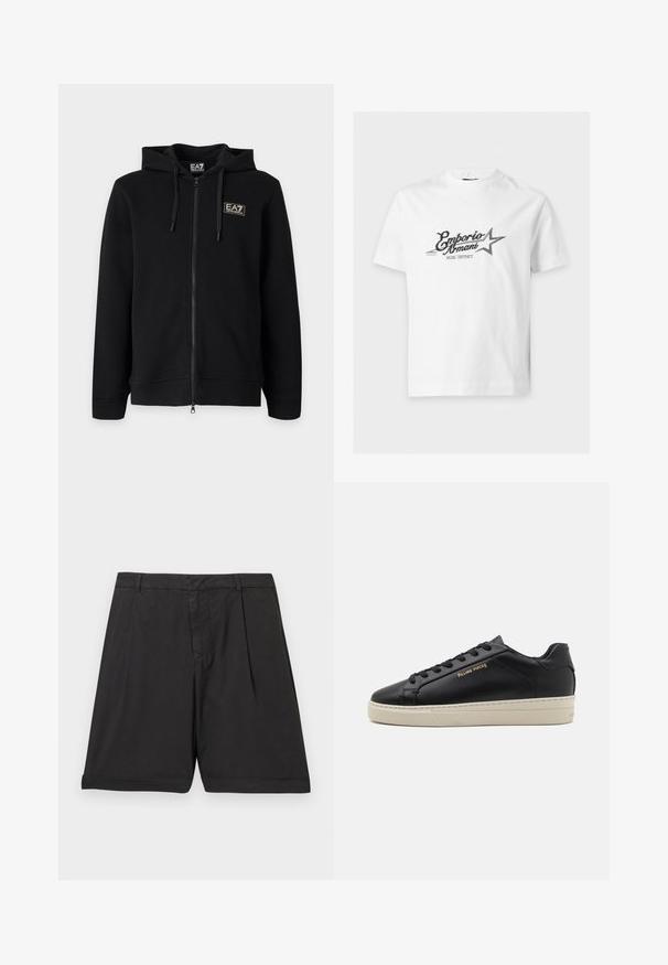 Sweat à capuche noir zippé intégral avec cordons et petit logo rectangulaire EA7 Emporio Armani sur la poitrine gauche.; T-shirt blanc à manches courtes avec texte noir "Emporio Armani Music District" et un graphique en forme d'étoile guitare sur la poitrine.; Shorts en coton noir à coupe droite, avec plis avant, ceinture et ourlet retroussé. La texture est lisse et le tissu semble léger.; Sneaker en cuir noir avec une finition lisse, semelle crème contrastante, bout arrondi, logo doré sur le côté et six œillets pour les lacets.