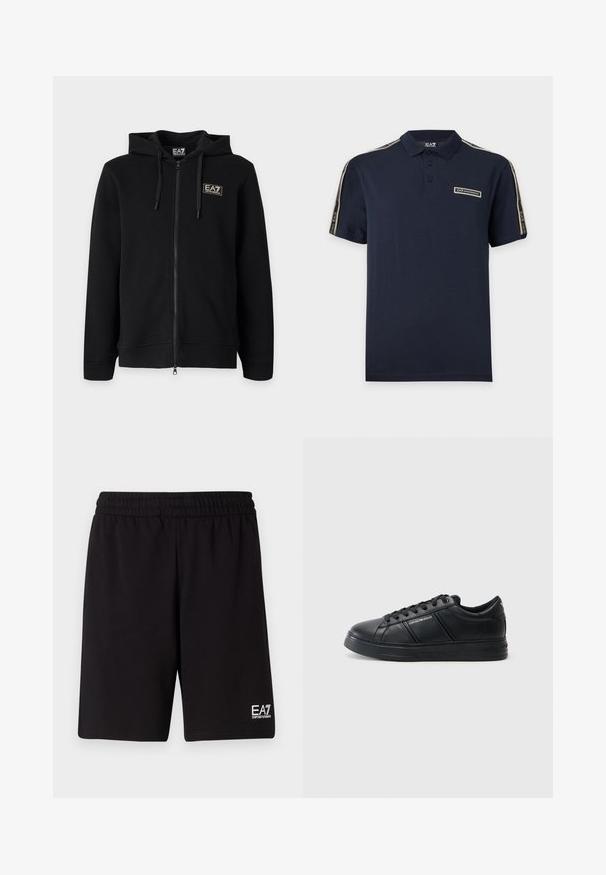 Čierna mikina s kapucňou a celým zipsom, s nastaviteľnými šnúrkami a malým obdĺžnikovým logom EA7 Emporio Armani na ľavej strane hrude.; Tmavomodré polokošeľa s krátkym rukávom, gombíkovým golierom a značkovými pásikmi EA7 Emporio Armani na pleciach a nášivkou s logom na hrudi.; Čierne športové šortky vyrobené z mäkkej tkaniny, s elastickým pásom a malým bielym logom na dolnej pravej strane.; Čierne kožené tenisky so hladkým povrchom, zaoblenou špičkou, viazaním vpredu, polstrovaným golierom a textúrovanými bočnými akcentmi. Viditeľný jemný detail loga.