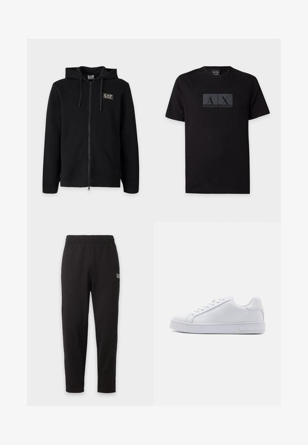 Sort hættetrøje med fuld lynlås med snore og et lille rektangulært EA7 Emporio Armani-logo på venstre bryst.; Sort Armani Exchange T-shirt med korte ærmer med bogstaverne A og X i mørkegrå firkanter og teksten "Armani Exchange" under logoet.; Sorte elastiske sweatpants med taperede ben og et lille hvidt logo på den øverste venstre lår.; Hvide lædersneakers med en glat overflade, rund tå, snørebånd foran og flad gummisål. Har prægede branding på hælen.