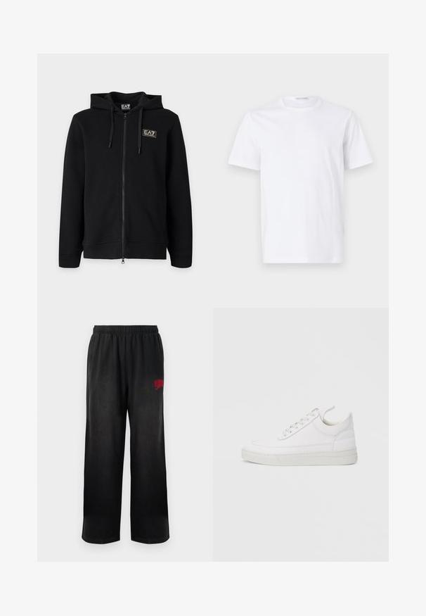 Sort hættetrøje med fuld lynlås med snore og et lille rektangulært EA7 Emporio Armani-logo på venstre bryst.; Hvid bomulds t-shirt med rund halsudskæring og korte ærmer. Glat tekstur, lige snit og minimalistisk design uden mønstre eller accenter.; Sorte sweatpants med elastisk talje og sidelommer. Har rød "Billionaire Boys Club" logo på højre lår. Blød, glat tekstur.; Hvid lædersneaker med rundet tå, flad sål og snørebånd foran. Har syningsdetaljer og polstret krave for komfort.