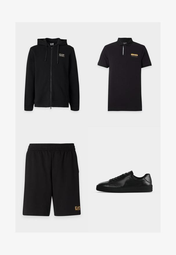 Must kapuutsiga lukuga dressipluus paeltega ja vasakul rinnal väikese ristkülikukujulise EA7 Emporio Armani logoga.; Must lühikeste varrukatega polosärk kraega ja vasakul rinnal kuldse ning valge Emporio Armani EA7 logoga.; Mustad mustad lühikesed püksid, mis on valmistatud pehmest kangast. Omavad elastset vöökohta ja väikest kollast EA7 logo vasakul jalal.; Madal profiiliga must nahast toss ees nöörimisega ja tekstuurse lameda tallaga, kujutatud külje pealt neutraalsel taustal.