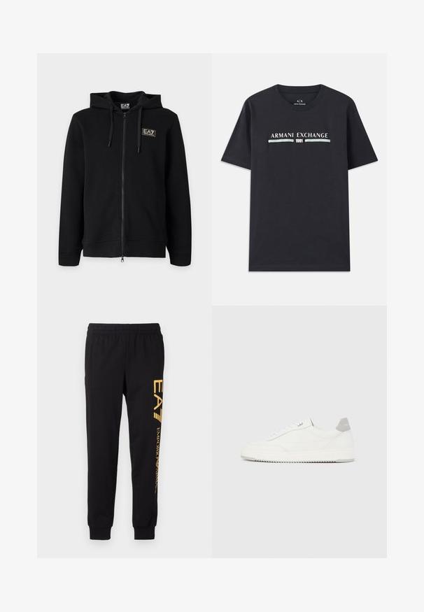 Zwarte hoodie met volledige ritssluiting en trekkoorden, met een klein rechthoekig EA7 Emporio Armani-logo op de linkerborst.; Zwarte katoenen t-shirt met het logo "Armani Exchange" en "1991" in witte en lichtblauwe tekst op de borst. Korte mouwen, ronde hals.; Zwarte trainingsbroek van zacht materiaal, met een elastische tailleband en cuffed enkels. Gele branding die verticaal op het linkerpijp is gedrukt.; Witte lage sneaker met grijze hielpatch, witte veters en een gestructureerde zool, gepresenteerd op een effen lichte achtergrond.