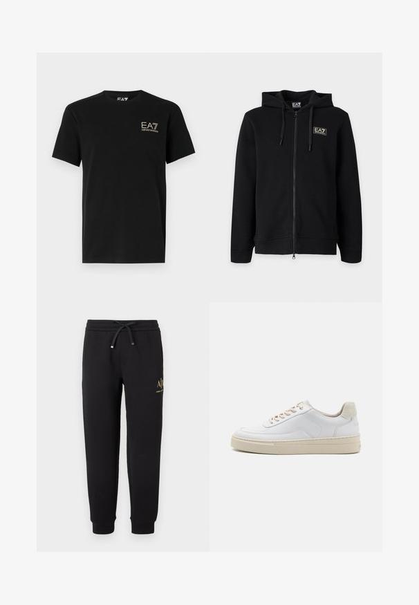 Must kapuutsiga lukuga dressipluus paeltega ja vasakul rinnal väikese ristkülikukujulise EA7 Emporio Armani logoga.; Must mustaga T-särk lühikeste varrukatega. Esiküljel on kuldne EA7 Emporio Armani logo. Klassikaline ümar kaelus. Sile tekstuur.; Mustad dressipüksid elastse vöökoha ja paelaga, mansettidega pahkluude ümber ning väike kuldne "A|X Armani Exchange" logo paremal reiel.; Valged tennisajalatsid, millel on sile naha pealis, beežid paelad ja tekstureeritud beežist seemisnahast kand. Tõstetud tallad lisatud kõrguse saavutamiseks.
