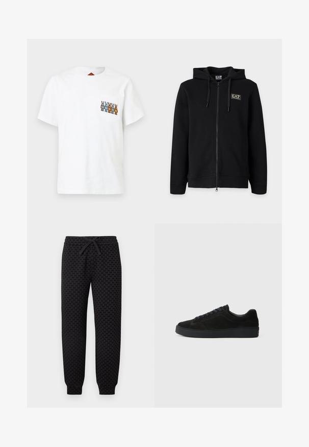 Sweat à capuche noir zippé intégral avec cordons et petit logo rectangulaire EA7 Emporio Armani sur la poitrine gauche.; T-shirt en coton blanc à manches courtes avec une poche. Présente un motif brodé de lapins en bleu, marron et gris sur la poche.; Pantalon de jogging noir avec poignets et taille élastiques, présentant un motif subtil "AX" sur l'ensemble et un cordon noué à la taille.; Basket en suède noire avec une semelle plate et texturée, un bout rond, six œillets pour les lacets et un design minimaliste.