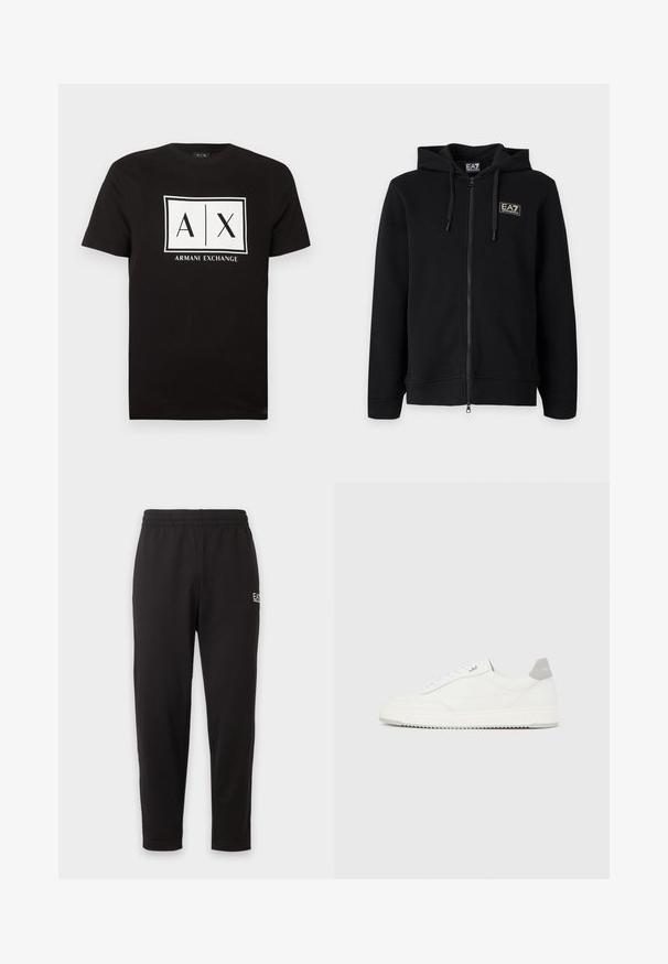 Hanorac negru cu glugă și fermoar complet, cu șnururi și un mic logo dreptunghiular EA7 Emporio Armani pe pieptul stâng.; Tricou negru cu mâneci scurte, cu un logo dreptunghiular alb care afișează textul "A | X" și "Armani Exchange" centrat pe piept.; Pantaloni de trening negri cu talie elastică, picioare conice și un mic logo alb pe partea superioară a coapsei stângi.; Pantof sport alb cu talpă joasă, cu tab la călcâi gri, șireturi albe și talpă texturată, prezentat pe un fundal simplu și deschis la culoare.