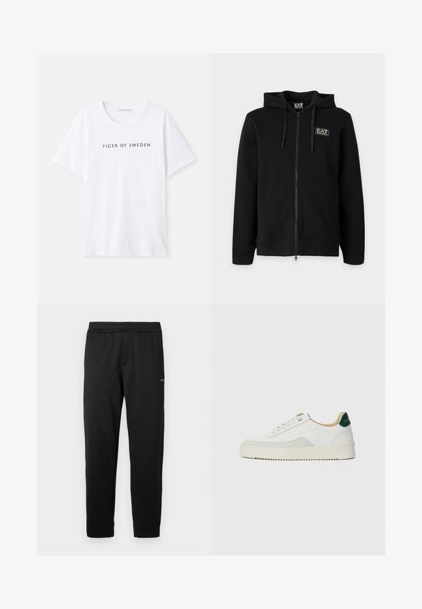 Zwarte hoodie met volledige ritssluiting en trekkoorden, met een klein rechthoekig EA7 Emporio Armani-logo op de linkerborst.; Witte T-shirt met een ronde hals en korte mouwen. Zwart tekst met "TIGER OF SWEDEN" gecentreerd op de voorkant. Soepele stofstructuur.; Zwarte sportbroek gemaakt van zacht materiaal. Elastische tailleband en boorden. Voorzien van een klein logo aan de zijkant. Rechte pijp.; Witte sneaker met suède accenten, ronde neus, platte veters en een crème rubberen zool. Bevat groene branding op de hiel.