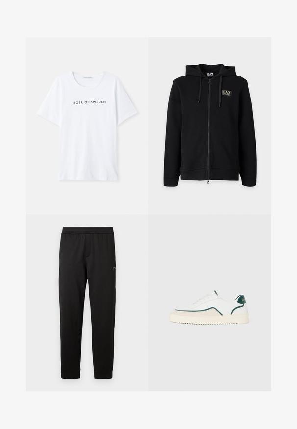 Sudadera negra con capucha y cremallera completa, con cordones y un pequeño logo rectangular EA7 Emporio Armani en el pecho izquierdo.; Camiseta blanca con cuello redondo y mangas cortas. Texto negro que dice "TIGER OF SWEDEN" centrado en la parte delantera. Textura de tela suave.; Pantalones deportivos negros hechos de tela suave. Cintura y puños elásticos. Cuenta con un pequeño logo en el lateral. Diseño de pierna recta.; Zapatilla baja blanca con detalles en verde, gamuza beige y suela de color crema con un fondo estriado.