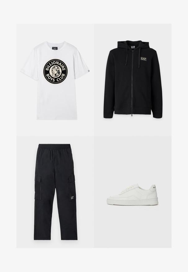 Čierna mikina s kapucňou a celým zipsom, s nastaviteľnými šnúrkami a malým obdĺžnikovým logom EA7 Emporio Armani na ľavej strane hrude.; Biely bavlnený tričko s čiernym a zlatým kruhovým grafickým motívom astronauta a textom "BILLIONAIRE BOYS CLUB". Krátke rukávy, okrúhly výstrih.; Čierne cargo nohavice s elastickým pásom, bočnými vreckami a malým logom na ľavej nohe. Vyrobené z ľahkej, hladkej tkaniny.; Biele kožené tenisky s hladkým povrchom, okrúly špičkový dizajn, ploché šnúrky a textúrovaná podrážka. Obsahujú jemné logo na päte.