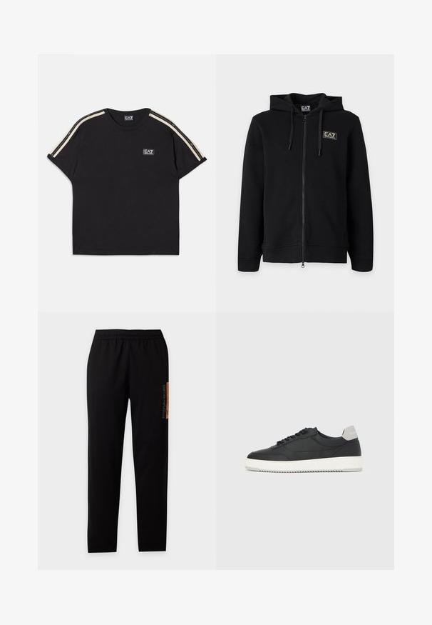 Čierna mikina s kapucňou a celým zipsom, s nastaviteľnými šnúrkami a malým obdĺžnikovým logom EA7 Emporio Armani na ľavej strane hrude.; Čierne bavlnené tričko s krátkymi rukávmi. Obsahuje kontrastné béžové pruhy na pleciach a malé značkové logo na hrudi.; Čierne tepláky s elastickým pásom, rovnými nohavicami a hnedým logom Emporio Armani na hornej pravej stehne.; Čierna nízka teniska s bielou podrážkou a sivým pätovým pásikom, bočný pohľad na bielom pozadí.