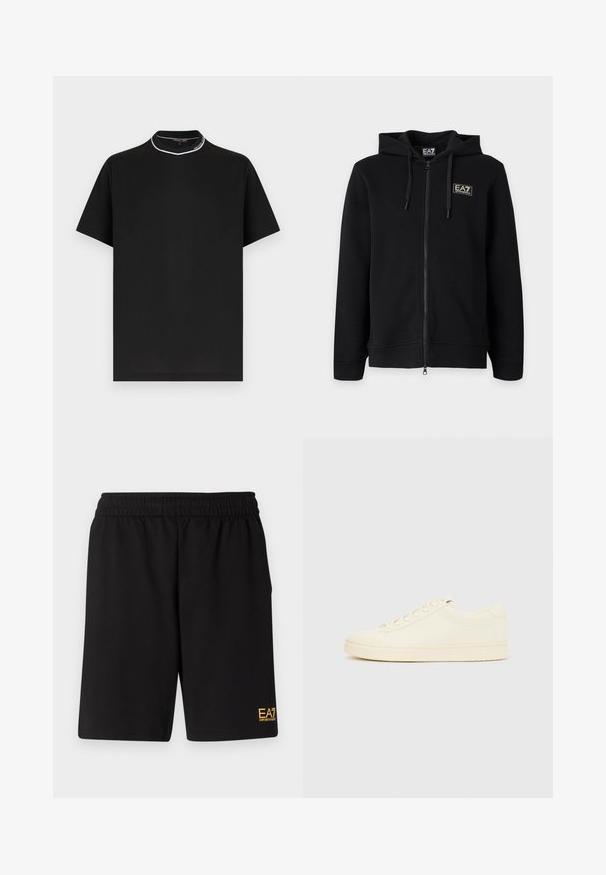 Sweat à capuche noir zippé intégral avec cordons et petit logo rectangulaire EA7 Emporio Armani sur la poitrine gauche.; T-shirt noir à manches courtes et col rond avec un bord blanc et le texte "Michael Kors" sur le col, présenté sur un fond blanc.; Shorts de sport noirs en tissu doux, avec une taille élastique et un petit logo jaune EA7 sur le bas de la jambe gauche.; Baskets couleur crème avec une tige en cuir lisse, bout arrondi, laçage à l'avant et semelle en caoutchouc texturée. Design minimaliste, sans logo.