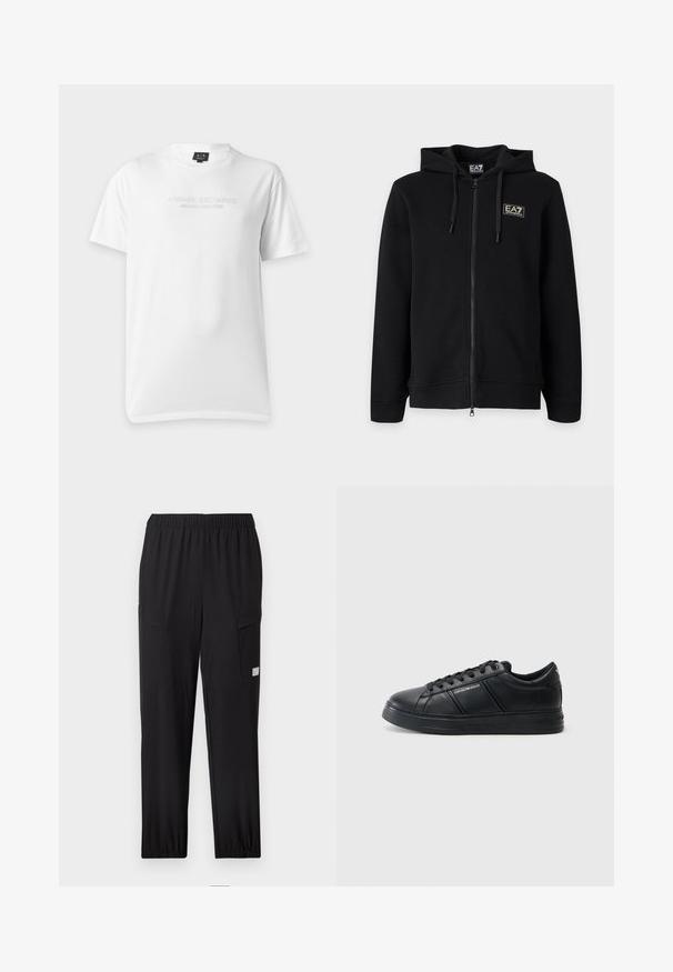Sweat à capuche noir zippé intégral avec cordons et petit logo rectangulaire EA7 Emporio Armani sur la poitrine gauche.; T-shirt blanc à manches courtes avec col rond et texte en relief « Armani Exchange Milano New York » sur la poitrine.; Pantalon cargo noir avec une taille élastique, deux poches latérales et des poignets froncés. Confectionné en tissu léger et respirant.; Baskets en cuir noir avec une finition lisse, bout arrondi, fermeture à lacets, col rembourré et accents latéraux texturés. Détail du logo subtil visible.