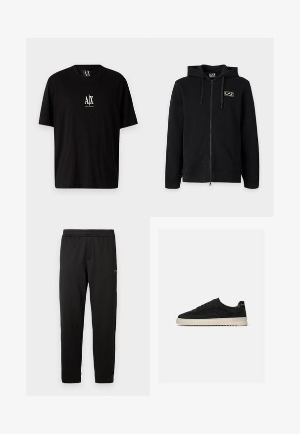 Sweat à capuche noir zippé intégral avec cordons et petit logo rectangulaire EA7 Emporio Armani sur la poitrine gauche.; T-shirt en coton noir à manches courtes, col rond, avec un petit logo blanc "A|X" centré sur la poitrine.; Pantalon de sport noir en tissu doux. Taille élastique et poignets élastiques. Présente un petit logo sur le côté. Coupe droite.; Baskets basses en daim noir avec lacets noirs et semelle blanche en caoutchouc, vue latérale sur fond gris clair uni.