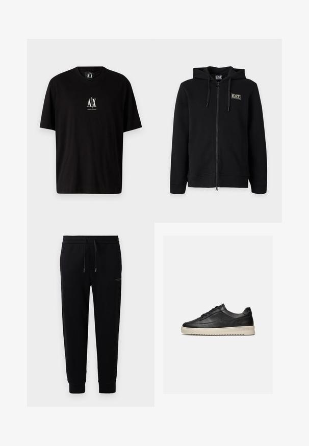 Čierna mikina s kapucňou a celým zipsom, s nastaviteľnými šnúrkami a malým obdĺžnikovým logom EA7 Emporio Armani na ľavej strane hrude.; Čierne bavlnené tričko s krátkymi rukávmi, okrúhlym výstrihom a malým bielym logom "A|X" umiestneným na hrudi.; Čierne tepláky z bavlneného zmesi, s elastickým pásom so šnúrkou, s manžetami na členkoch a nenápadným potlačeným logom na boku.; Čierny kožený nízky teniska s čiernymi šnúrkami a hrubou krémovou gumovou podrážkou, zobrazený na bielom pozadí.
