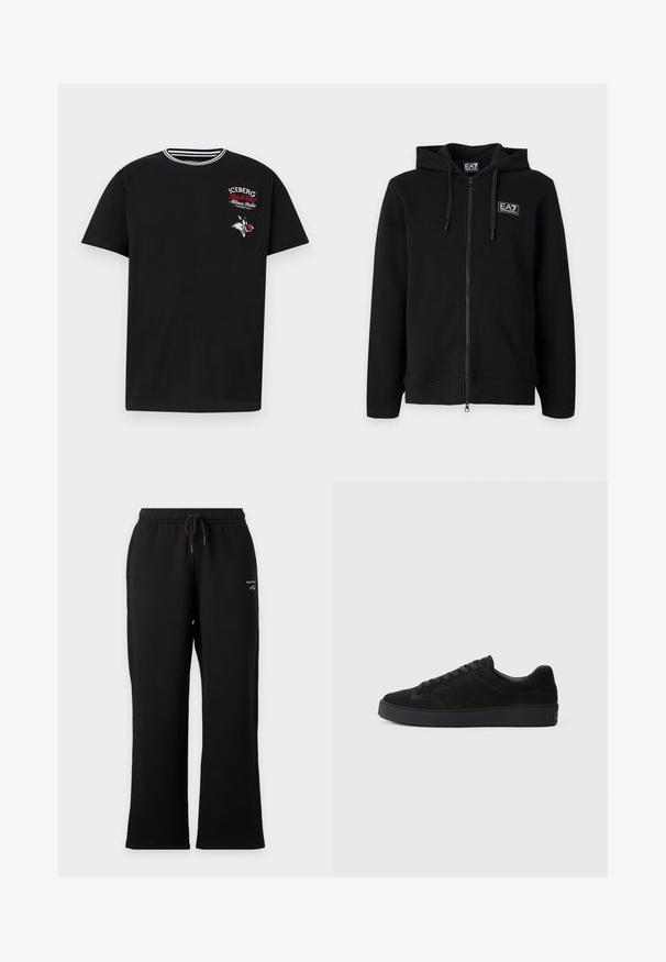 Sort hættetrøje med fuld lynlås med snore og et lille rektangulært EA7 Emporio Armani-logo på venstre bryst.; Sort kortærmet t-shirt med stribet krave, hvid og rød tekst "Iceberg Milano Italia" samt grafik af en tegneserie-mår, der holder et rødt æble.; Sorte sweatpants med lige ben, elastisk talje og snøre, med lille hvid logo tekst på øverste venstre lår.; Sort semsket sneakers med en flad, tekstureret sål, rund tå, seks snørrehuller og et minimalistisk design.