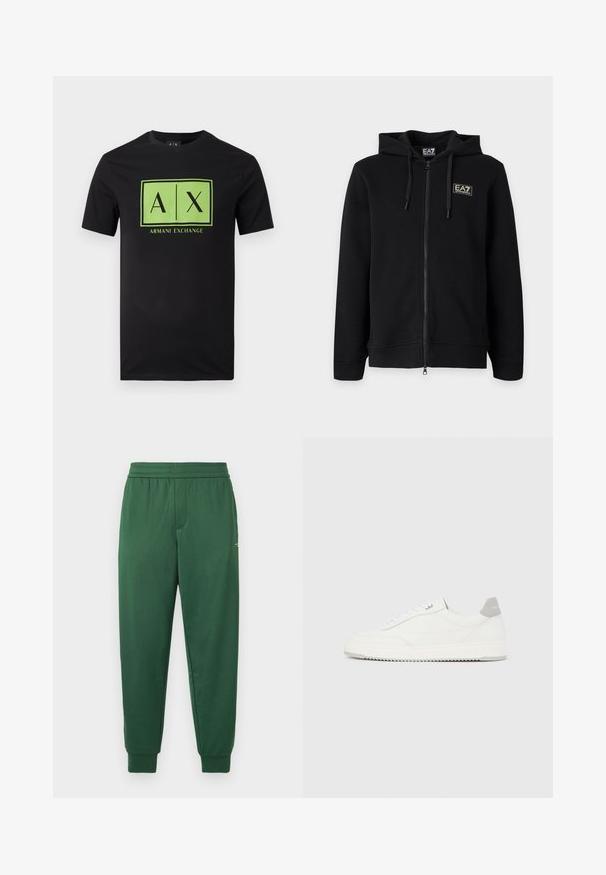 Sweat à capuche noir zippé intégral avec cordons et petit logo rectangulaire EA7 Emporio Armani sur la poitrine gauche.; T-shirt noir à manches courtes avec un logo rectangulaire vert comportant les textes "A|X" et "Armani Exchange" centrés sur le devant.; Pantalons de survêtement verts avec une taille élastique confortable, des jambes fuselées et des poignets côtelés. Fabriqués en tissu lisse et extensible.; Baskets basses blanches avec un onglet de talon gris, des lacets blancs et une semelle texturée, présentées sur un fond uni clair.