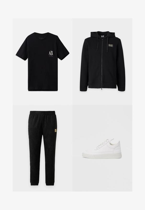 Sudadera negra con capucha y cremallera completa, con cordones y un pequeño logo rectangular EA7 Emporio Armani en el pecho izquierdo.; Camiseta de manga corta negra de algodón, con un pequeño logo blanco en el lado izquierdo del pecho. Diseño simple de cuello redondo, textura suave.; Pantalones jogger de velour negro con cintura elástica, tobillos con puños, bolsillos laterales y pequeño parche del logo beige EA7 Emporio Armani en el muslo.; Zapatilla blanca de cuero con punta redondeada, suela plana y cierre de cordones. Presenta detalles de costuras y un cuello acolchado para mayor comodidad.