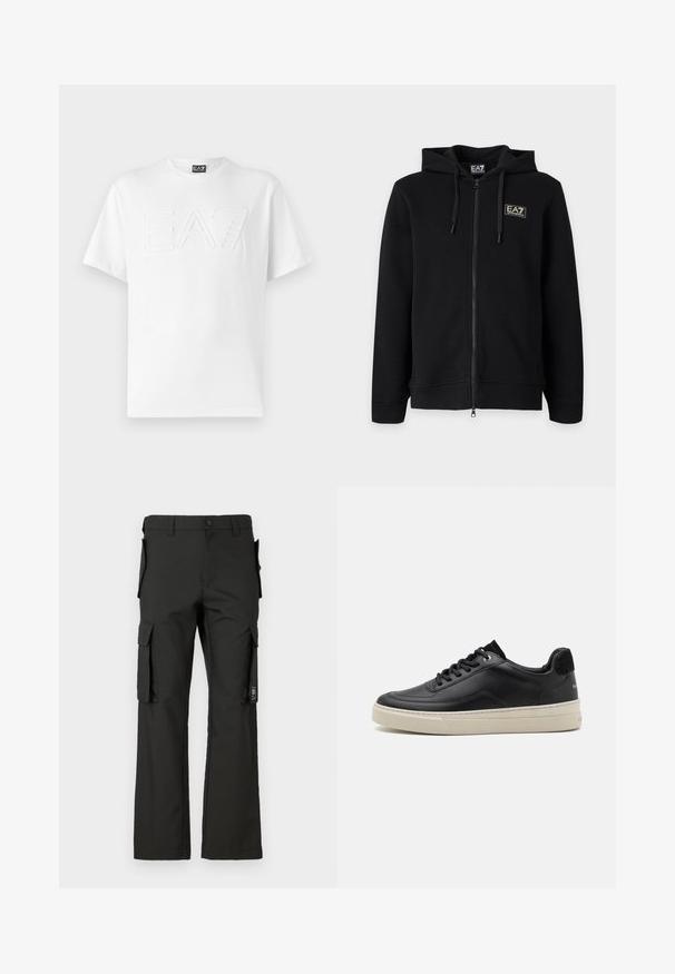 Must kapuutsiga lukuga dressipluus paeltega ja vasakul rinnal väikese ristkülikukujulise EA7 Emporio Armani logoga.; Valge puuvillane T-särk ümarate kaelustega, millel on esiküljel tõstetud embosseeritud "EA7" logo ja lühikesed varrukad.; Mustad mustad püksid sirge lõikega, mitmete küljetaskutega ja nööbiga kinnitusega. Valmistatud vastupidavast kangast, sujuva tekstuuriga.; Must musta sisenemine mustast nahast, millel on kreemjas värvi kummitald, ümmargune nina ja paeltega disain, mida kaunistab must nubukist konts.