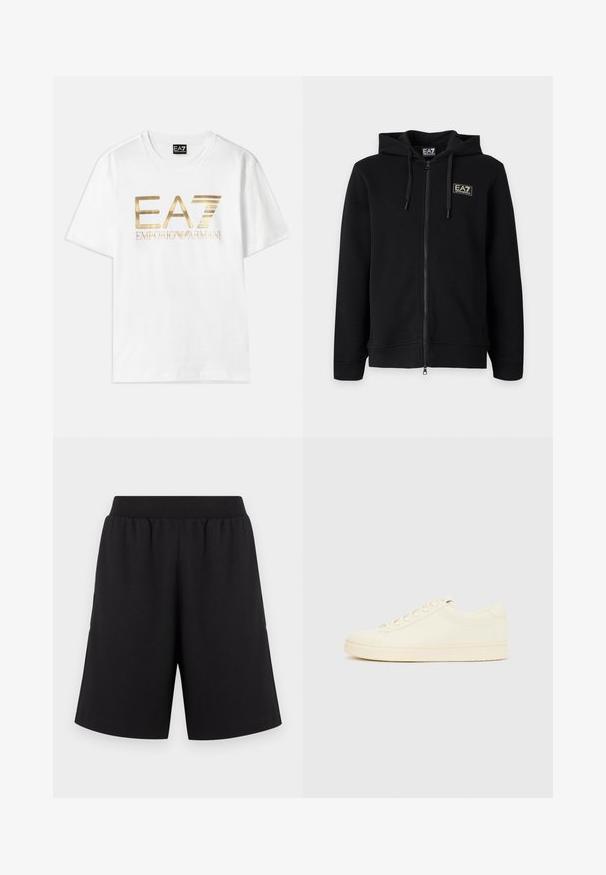 Sort hættetrøje med fuld lynlås med snore og et lille rektangulært EA7 Emporio Armani-logo på venstre bryst.; Hvid bomulds t-shirt med et stort guldmetallic "EA7" logo og teksten "EMPORIO ARMANI" nedenunder, med korte ærmer og rund hals.; Sorte shorts med elastisk taljebånd, lavet af blødt stof, med lige ben og uden markante mønstre eller accenter.; Sneaker i cremefarve med en glat læderoverdel, rundet tå, snørelukning foran og en tekstureret gummisål. Minimalistisk design uden logoer.