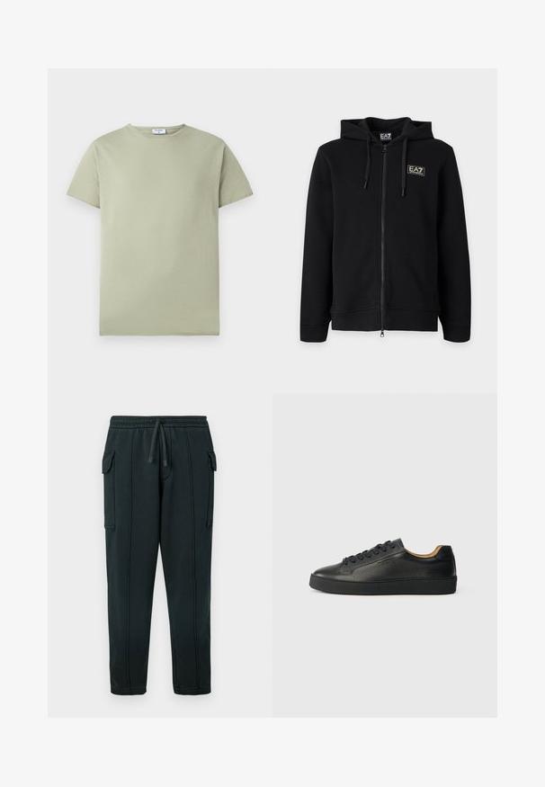 Sudadera negra con capucha y cremallera completa, con cordones y un pequeño logo rectangular EA7 Emporio Armani en el pecho izquierdo.; Camiseta de manga corta y cuello redondo en verde claro con una pequeña etiqueta blanca en el interior del cuello sobre un fondo blanco liso.; Pantalones deportivos negros con cintura de cordón, bolsillos laterales, detalle de bolsillo cargo y costuras visibles. Tela suave con un ajuste holgado.; Zapatilla negra de cuero de caña baja con superficie texturizada, cordones negros y suela de goma gruesa, mostrada de lado sobre un fondo claro.