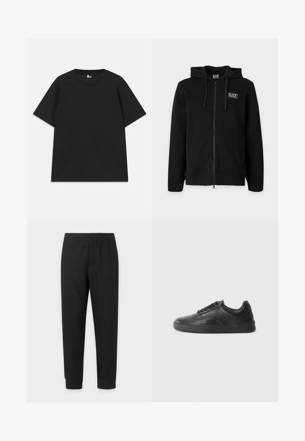 Zwarte hoodie met volledige ritssluiting en trekkoorden, met een klein rechthoekig EA7 Emporio Armani-logo op de linkerborst.; Zwart kortebril T-shirt van katoen, met een ronde hals en een klein logo detail near de zoom. Gladde textuur, normale pasvorm.; Zwarte casual broek met elastische taille, taps toelopende pijpen en omgeslagen zoom op een witte achtergrond.; Zwarte leren sneaker met een gladde afwerking, ronde neus, textuurpaneel aan de zijkant en zwarte veters. Voorzien van een platte rubberen zool en een minimalistisch ontwerp.