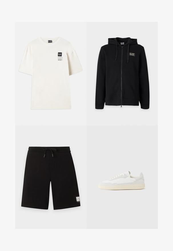 Zwarte hoodie met volledige ritssluiting en trekkoorden, met een klein rechthoekig EA7 Emporio Armani-logo op de linkerborst.; Korte mouwen T-shirt in off-white katoen, met een rechthoekige zwarte logo-label en wasinstructies in het zwart gedrukt op de borst.; Zwarte knielange shorts met een verstelbare tailleband met trekkoord en een klein wit Armani Exchange-logo op het onderste linkerbeen.; Witte sneaker met een bovenwerk van gestructureerd suède en leer. Voorzien van een afgeronde neus, vetersluiting en een contrasterende beige rubberen zool.