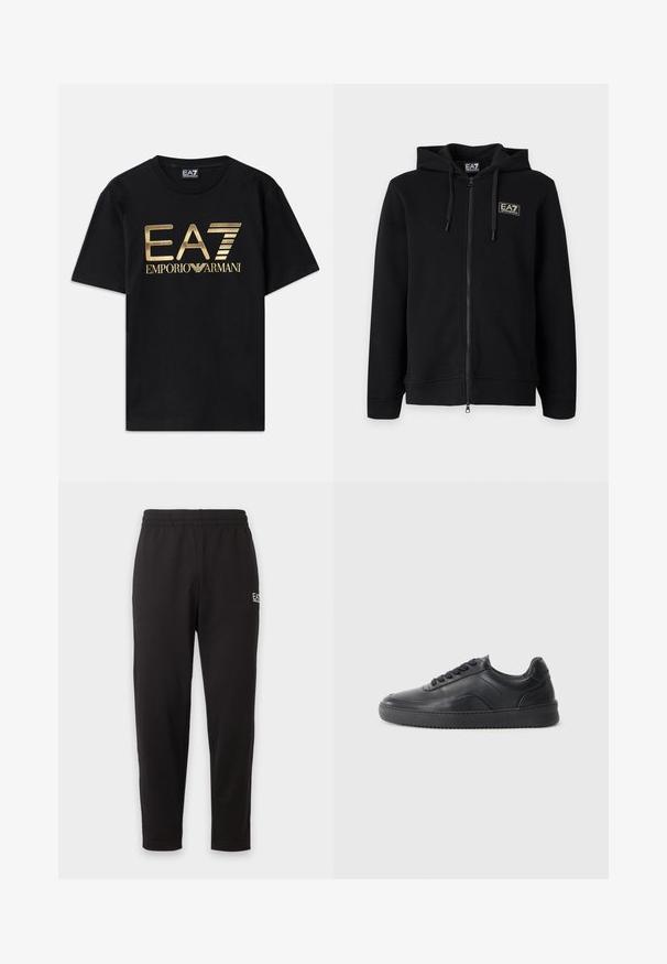 Čierna mikina s kapucňou a celým zipsom, s nastaviteľnými šnúrkami a malým obdĺžnikovým logom EA7 Emporio Armani na ľavej strane hrude.; Čierne bavlnené tričko s krátkymi rukávmi, s potlačou zlatého loga "EA7 EMPORIO ARMANI" na prednej strane. Jednoduchý dizajn, okrúhly výstrih.; Čierne elastické tepláky so zúženými nohavicami a malým bielym logom na hornej ľavej stehne.; Čierne kožené tenisky s hladkým povrchom, zaoblenou špičkou, texturovanou bočnou časťou a čiernymi šnúrkami. Majú plochú gumovú podrážku a minimalistický dizajn.