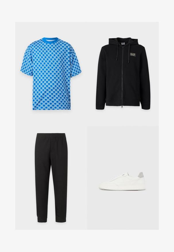 Sweat à capuche noir zippé intégral avec cordons et petit logo rectangulaire EA7 Emporio Armani sur la poitrine gauche.; T-shirt à manches courtes à carreaux bleus et blancs avec motif répétitif de bretzels et encolure ronde côtelée bleue, présenté sur fond uni.; Pantalon décontracté noir à taille élastique avec jambes effilées et ourlets revers sur fond blanc.; Baskets basses blanches avec un onglet de talon gris, des lacets blancs et une semelle texturée, présentées sur un fond uni clair.