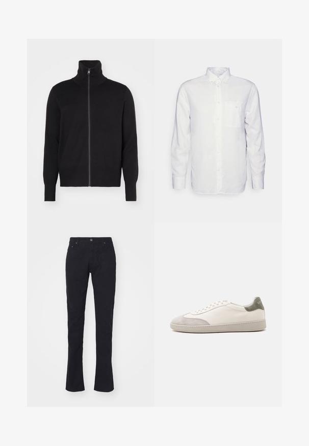 sandro TRUCKER CARDIGAN - Kardigan - noir; Pikkade varrukatega valge puuvillane särk, millel on nööbitav krae, eesmine tasku ja tavaline lõike. Tekstureeritud kangas, mille pind on sile.; mustad puuvillased püksid sirge lõikega, nuppudega kinnitusega, kahe esipocketiga ja siledan tekstuuriga. Ilma mustrite ega aksessuaarideta.; Valge madala säärega toss, millel on heledat halli seemisnaha varba- ja kontsakaunistust, valged paelad ja lame beež tald, näidatud välisküljelt.