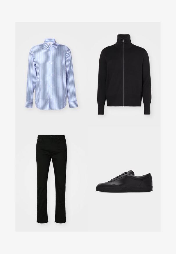 sandro TRUCKER CARDIGAN - Ζακέτα - noir; Μπλε και λευκό καρό πουκάμισο, με γιακά, μακριά μανίκια, κουμπιά μπροστά, μαλακό ύφασμα, με μανσέτες με κουμπιά και ομοιόμορφα κατανεμημένες κατακόρυφες ρίγες.; Μαύρο τζιν παντελόνι με σχέδιο ίσιου ποδιού, πέντε τσέπες και κούμπωμα. Λείος υφή με διακριτές ραφές.; Μαύρο δερμάτινο αθλητικό παπούτσι χαμηλού ύψους με κορδόνια και επίπεδη λαστιχένια σόλα, εμφανίζεται από το πλάι σε απλό λευκό φόντο.