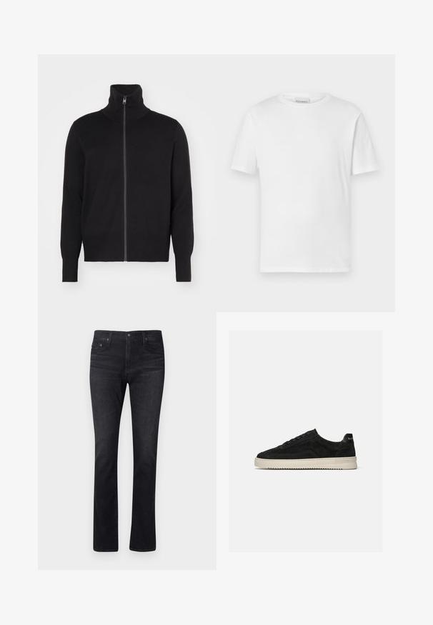sandro TRUCKER CARDIGAN - Ζακέτα - noir; Λευκό κοντομάνικο μπλουζάκι από βαμβάκι. Διαθέτει στρογγυλή λαιμόκοψη και ευθεία ραφή. Χωρίς σχέδια ή διακοσμητικά στοιχεία. Απλή σχεδίαση.; Σκούρες τζιν παντελόνες με ίσια γραμμή, που διαθέτουν κλασικό σχέδιο πέντε τσεπών και διακριτική ραφή. Το ύφασμα έχει απαλή υφή.; Μαύρο σουέντ παπούτσι τύπου χαμηλό sneaker με μαύρα κορδόνια και λευκή λαστιχένια σόλα, πλευρική όψη σε απλό ανοιχτό γκρι φόντο.