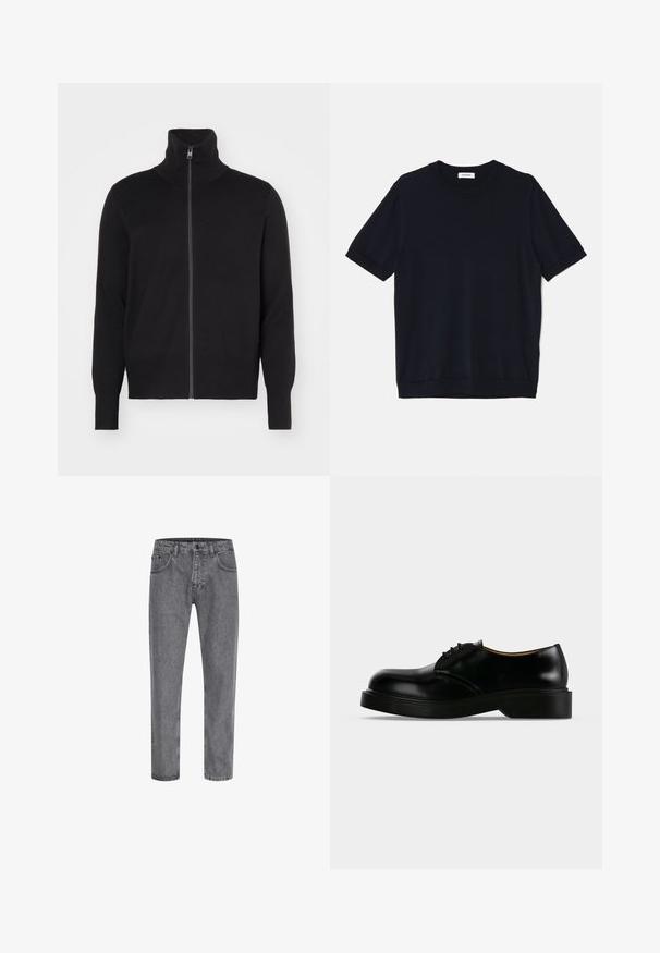 sandro TRUCKER CARDIGAN - Strickjacke - noir; sandro PABLO TEE - T-Shirt basic - noir; Graue Denim-Jeans mit geradem Schnitt, Fünf-Taschen-Design, klassischem Knopf- und Reißverschluss, sowie subtiler Ausbleichung der Stoffstruktur.; Schwarzer, polierter Lederschnürschuh mit dicker Sohle, abgerundeter Spitze und niedrigem Absatz, von der Seite auf einfarbigem Hintergrund dargestellt.