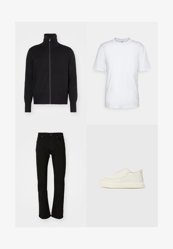 sandro TRUCKER CARDIGAN - Strickjacke - noir; Weißes Baumwoll-T-Shirt mit Rundhalsausschnitt, kurzen Ärmeln und geradem Saum. Auf der linken Seitennaht befindet sich ein kleines Markenzeichen.; Schwarze Jeans aus Denim mit geradem Beinanschnitt, ausgestattet mit einem klassischen Bund, Fronttaschen und einer glatten Textur. Keine sichtbaren Muster oder Akzente.; Slip-On-Sneaker aus off-weißem, strukturiertem Material mit dicker, geriffelter Sohle. Verfügt über minimale Nähte und einen dezenten hellblauen Akzent.