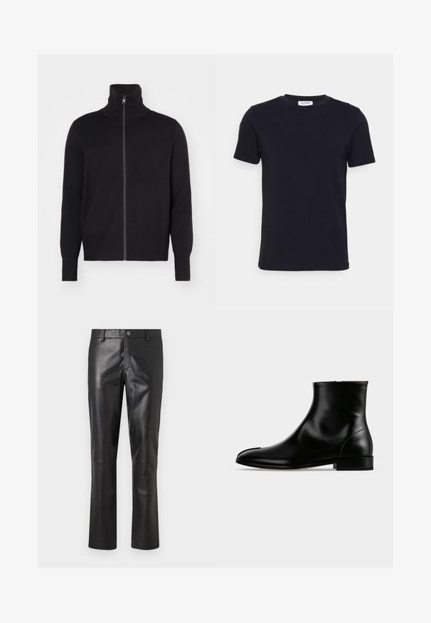 sandro TRUCKER CARDIGAN - Cardigan - noir; Sort kortærmet t-shirt med rund hals og et lille hvidt mærke indeni halsudskæringen.; Sorte læderbukser med en glat overflade, lige ben-design og diskrete stikninger langs sømmene. Har en knaplukning i taljen.; Sort poleret læderankelstøvle med lav hæl og sidelås, slankt og glat design på en ensfarvet lys baggrund.
