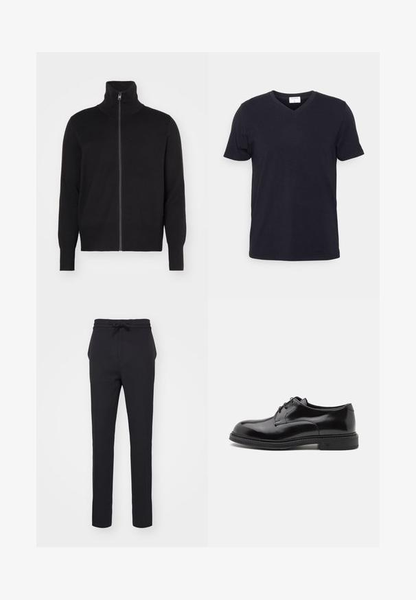 sandro TRUCKER CARDIGAN - Ζακέτα - noir; Μαύρη μπλούζα v-neck φτιαγμένη από βαμβάκι, με κοντό μανίκι και χαλαρή εφαρμογή. Απλός σχεδιασμός, χωρίς μοτίβα ή επιπλέον λεπτομέρειες.; Μαύρο, στενό παντελόνι από μαλακό ύφασμα. Περιλαμβάνει ρύθμιση στη μέση με κορδόνι και πλαϊνές τσέπες με λεία υφή.; Μαύρο δερμάτινο παπούτσι με λείο φινίρισμα, στρογγυλή μύτη και κορδόνια. Διαθέτει χοντρή μαύρη σόλα και λεπτομέρεια ραφής κατά μήκος της άκρης.