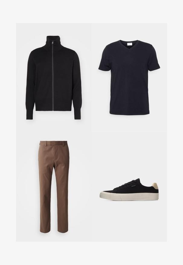 sandro TRUCKER CARDIGAN - Strickjacke - noir; Schwarzes V-Ausschnitt-T-Shirt aus Baumwolle, mit kurzen Ärmeln und lockerer Passform. Einfaches Design, keine Muster oder zusätzlichen Akzente.; Braune Hose mit taillierter Passform, flachem Frontdesign und zwei seitlichen Taschen. Hergestellt aus einem glatten Stoff mit sauberem Finish und ohne sichtbare Muster.; Schwarzer Low-Top-Sneaker mit beigem Fersenlasche, weißer dicker Gummisohle, schwarzen Schnürsenkeln und kleinem "PS Paul Smith"-Label an der Seite.