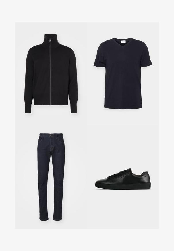 sandro TRUCKER CARDIGAN - Strickjacke - noir; Schwarzes V-Ausschnitt-T-Shirt aus Baumwolle, mit kurzen Ärmeln und lockerer Passform. Einfaches Design, keine Muster oder zusätzlichen Akzente.; Dunkelblaue Denim-Jeans mit schlankem Schnitt, Fünf-Taschen-Design und Knopfverschluss. Verfügt über kontrastierende Nähte und eine gerade Beinform.; Schwarzer niedriger Ledersneaker mit schwarzen Schnürsenkeln und dicker schwarzer Sohle, von der Seite auf hellgrauem Hintergrund gezeigt.