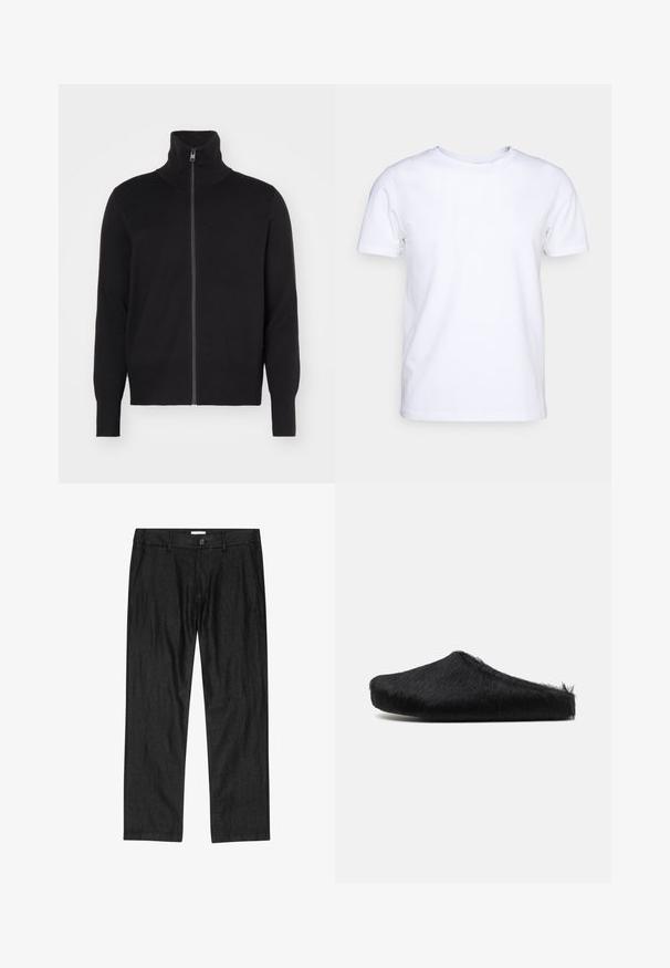sandro TRUCKER CARDIGAN - Chaqueta de punto - noir; Camiseta blanca de manga corta en tejido de algodón con cuello redondo. Diseño simple sin patrones ni acentos. Textura suave.; Pantalones negros de corte recto para hombre con botón frontal, bragueta con cremallera y bolsillos laterales, mostrados planos sobre fondo blanco.; Marni Sandalias planas - black
