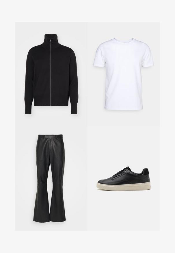 sandro TRUCKER CARDIGAN - Strickjacke - noir; Weißes T-Shirt mit kurzen Ärmeln aus Baumwollstoff und rundem Halsausschnitt. Schlichtes Design ohne Muster oder Akzente. Glatte Textur.; Emporio Armani EXCLUSIVE TROUSERS - Lederhose - nero; Schwarzer Ledersneaker mit niedrigem Profil, ausgestattet mit einer cremefarbenen Gummisohle, runder Zehe und Schnürdesign, akzentuiert mit einer Ferse aus schwarzem Wildleder.