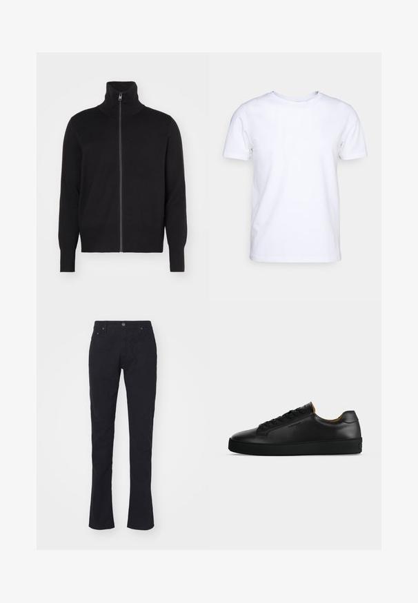 sandro TRUCKER CARDIGAN - Kardigan - noir; Valge lühikeste varrukatega t-särk puuvillaste kangast, ümmarguse kaelusega. Lihtne disain, ilma mustrite ja detailideta. Sile tekstuur.; mustad puuvillased püksid sirge lõikega, nuppudega kinnitusega, kahe esipocketiga ja siledan tekstuuriga. Ilma mustrite ega aksessuaarideta.; Mustad madala säärega nahast vabaajajalatsid mustade paelte, tekstuuri kummipõhjaga ja väikese reljeefse logoga küljel, kujutatud profiilis halli taustaga.