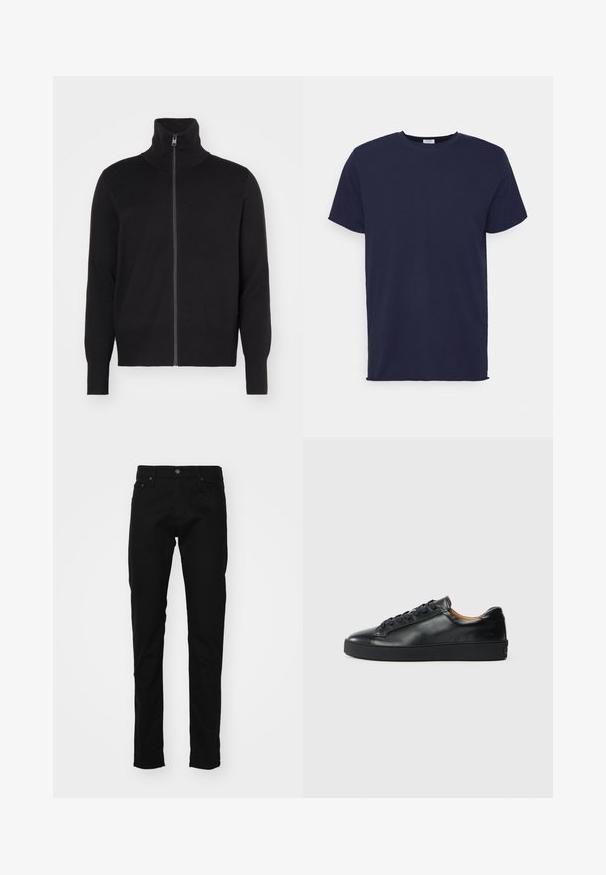 sandro TRUCKER CARDIGAN - Kardigán - noir; Námornícky modrá tričko krátky rukáv vyrobené z jemnej tkaniny. Obsahuje okrúhly výstrih a priame strih bez vzorov alebo akcentov.; Čierne džínsy v slim strihu, so classic piatimi vreckami, kovovým gombíkom a prešívaním na vreckách.; Čierne kožené tenisky s hladkým povrchom, okrúhlou špičkou a šnúrkami. Majú hrubú gumenú podrážku a minimálne značkové detaily.
