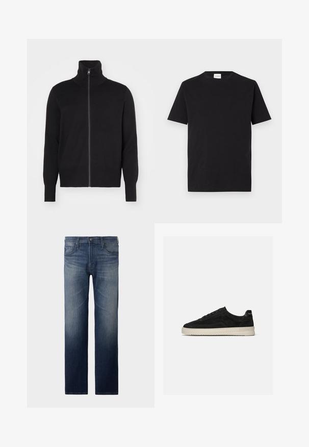sandro TRUCKER CARDIGAN - Kardigán - noir; Čierne bavlnené tričko s okrúhlym výstrihom a krátkymi rukávmi. Má rovný strih a minimalistický dizajn, s viditeľným štítkom na golieri.; Džíny s rovnými nohavicami v tmavomodrom odtieni. Samostatné päť vreciek, zapínanie na zips a gombík. Jemne vyblednutá štruktúra na stehne. Denimová tkanina.; Čierna semišová nízka teniska s čiernymi šnúrkami a bielou gumovou podrážkou, bočný pohľad na jednotnom svetlosivom pozadí.